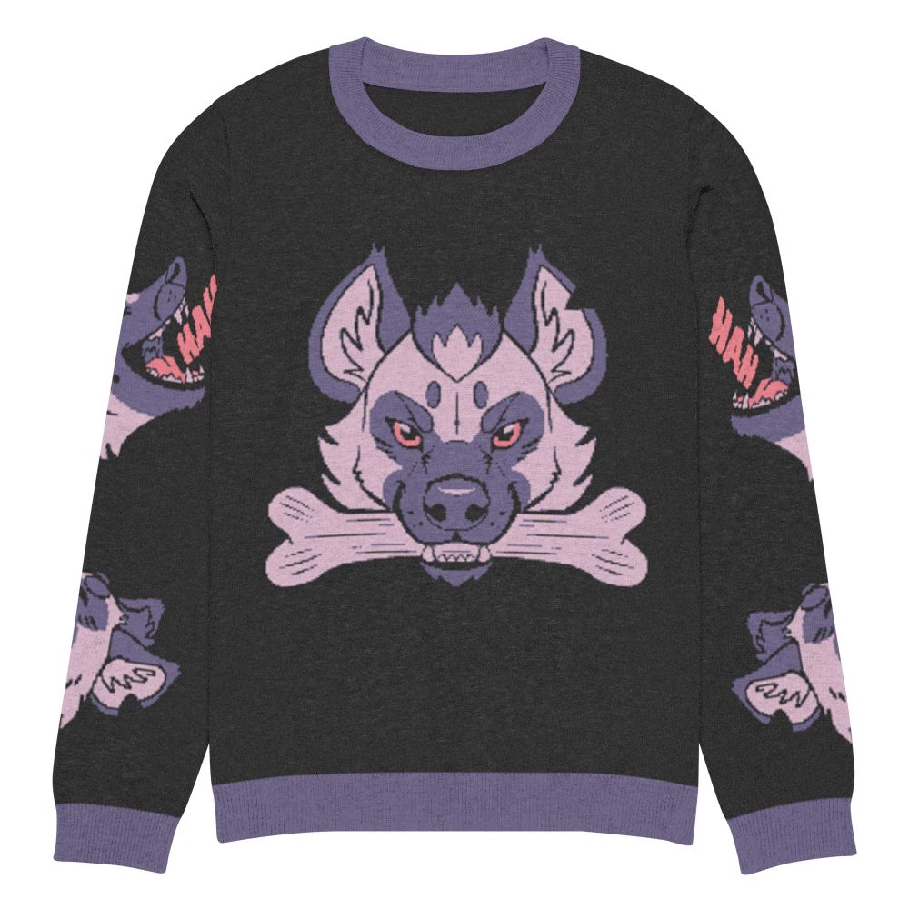 Black sweater with purple cuffs. There is a grey and purple hyena with red eyes holding a bone in the center. On the sleeves are laughing hyena faces saying "hah!"