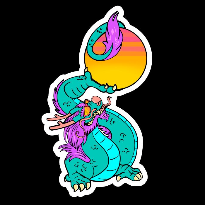 Sticker of a teal eastern dragon wearing sunglasses, holding up the sun with its tail 
