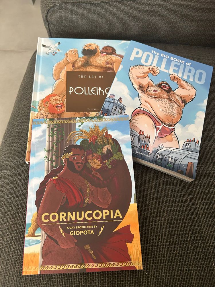 Two art books by Polleiro and Cornucopia, a zine by Giopota, are displayed. They feature tastefully erotic half clothed bears.