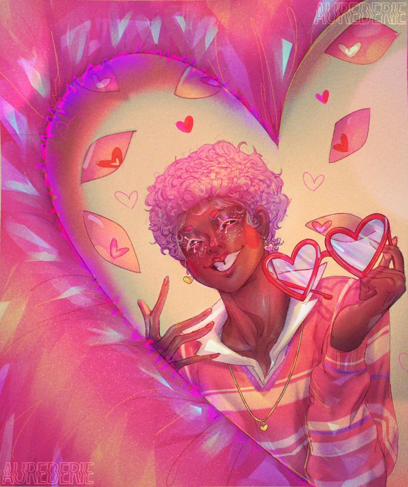 a colorful drawing of a black person with bright pink hair. they have rose red cheeks and are smiling. they are holding heart glasses. around them are different eyes with heart irises and they are staring at the person. there is a colorful heart frame around them and bordering the picture.