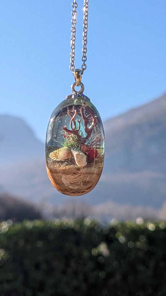 Galet de résine et bois avec une mini scène corallienne et des coquillages 