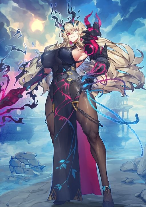 Barghest's second ascension form from FGO.  Large/tall knight woman wearing a rather revealing sheer dress that exposes her muscular legs and her rather large cleavage with long blonde hair, looking down at the camera with an intent smirk.