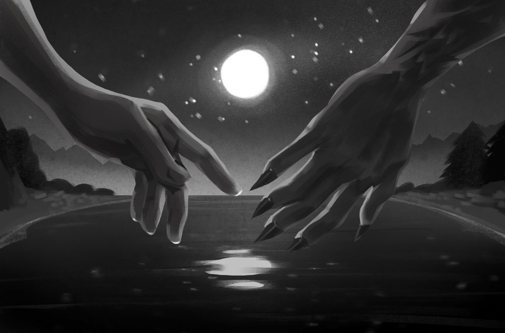 Rough concept art of hands nearly touching, one is kinda monstrous looking. Also the moon reflected in a lake is there