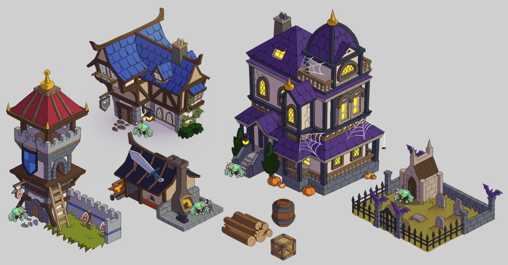 Polished 2D isometric concepts of different medieval-adjacent fantasy buildings.