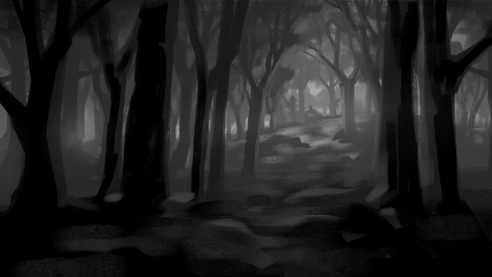 Lumpy grayscale digital painting of a forest to figure out shapes and values