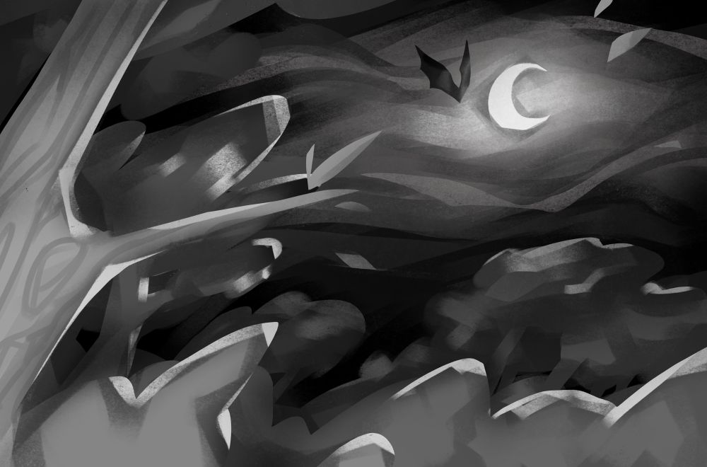 Greyscale painting of a bat flying over the forest and also the moon is there