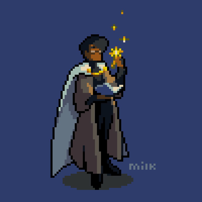 Pixel Loïc from the visual novel "Soul of Sovereignty" doing a little fire flower magic while holding open his book.