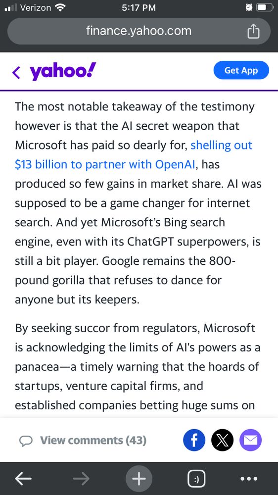 Screenshot of Yahoo News article discussing Microsoft testimony that “AI” infused Bing hasn’t made an appreciable impact on market share