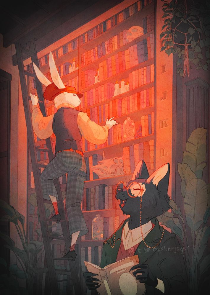 Antropomorphic characters : a bunny and a cat, in a library 