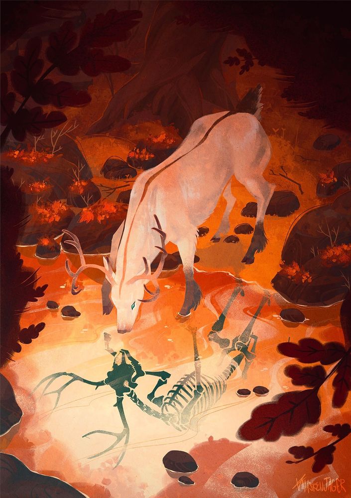 art of a deer looking at his reflection in the water of a lake in a forest. hos réflexion is his skeleton