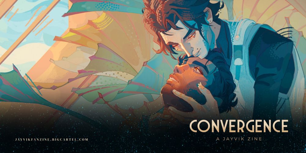 Jayvik zine art preview. Viktor is behind Jayce (above him), craddling his face il his hand, his chin on jayce's forehead. Plants and lab window begind them. they're so in love ur honor. (Full piece has a twist !!! guess u have to get the zine to know what ehehz)