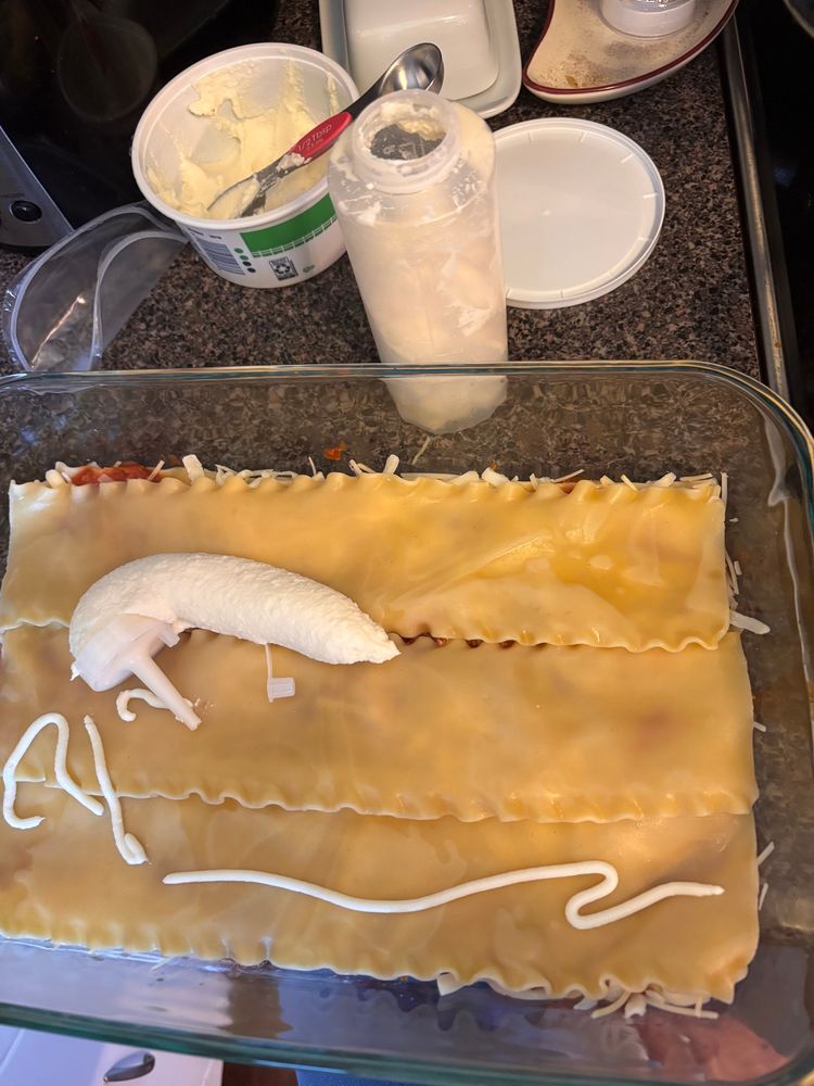 a single blob of ricotta in the shape of a turd on an unfinished lasagna