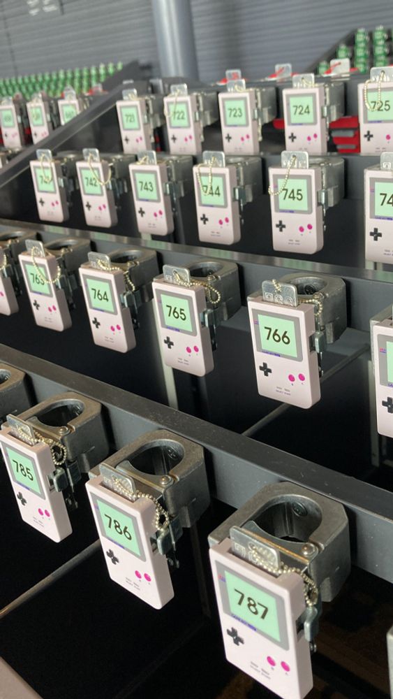 foto of rows of umbrella holders that look like game boys with increment numbers on each screen

there are different colors and styles