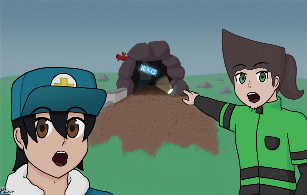 Two POGGING men excitedly pointing at an entrance to a scary-looking cave in the middle of a green field.