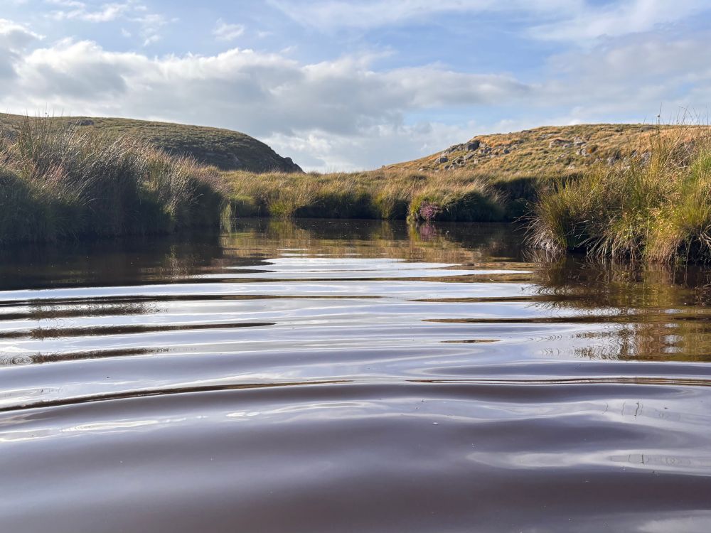 Glassy ripples on a pool in a peaty Dartmoor river.
