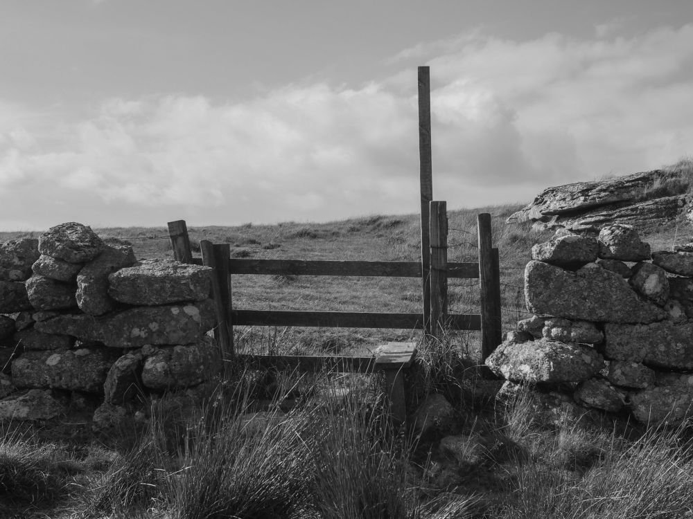 A stile marking a crossing point in the wall. Rock outcrop of a tor just visible beyond.