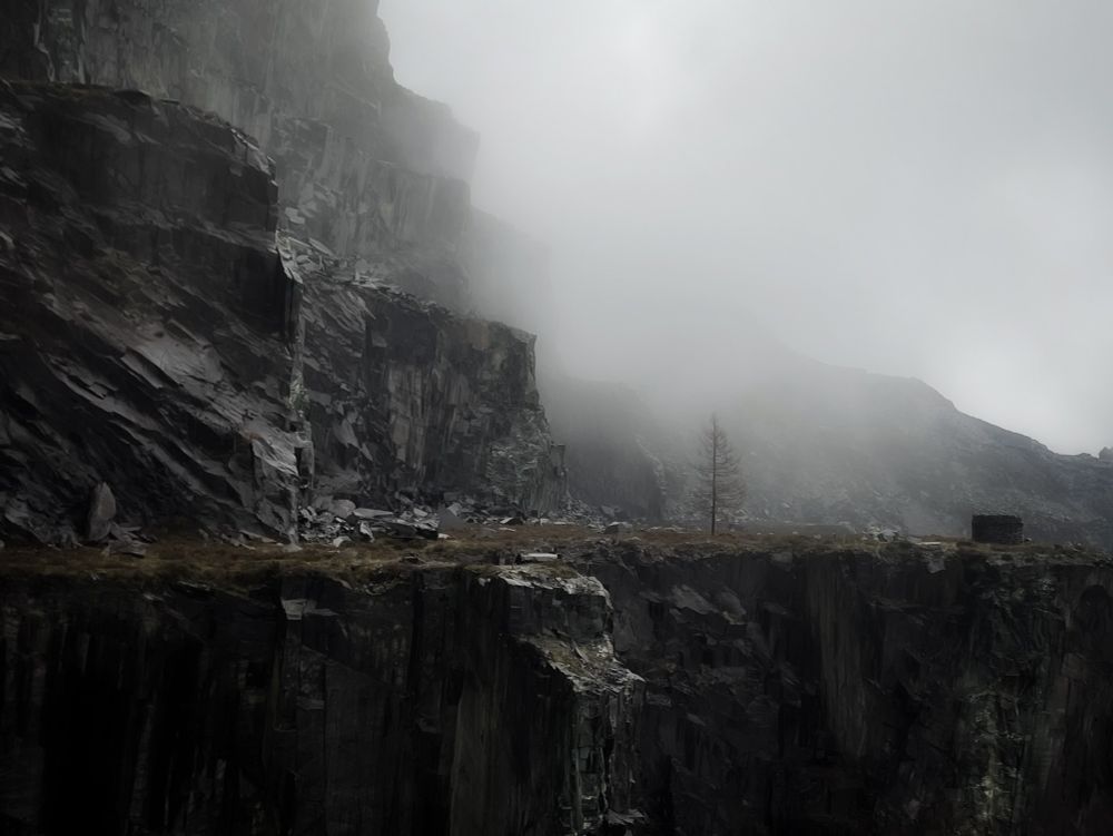 A working level within the huge Dinorwig slate quarry in Eryri / Snowdonia. Jagged slate and looming mist make it resemble an inhospitable alien planet. A solitary bare conifer and some scrubby grasses the only colour in an otherwise monochrome and darkly shadowed scene.  