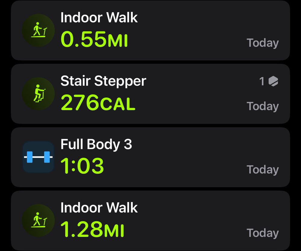 Screenshot of fitness stats. Walking, stairs, and lifting. 