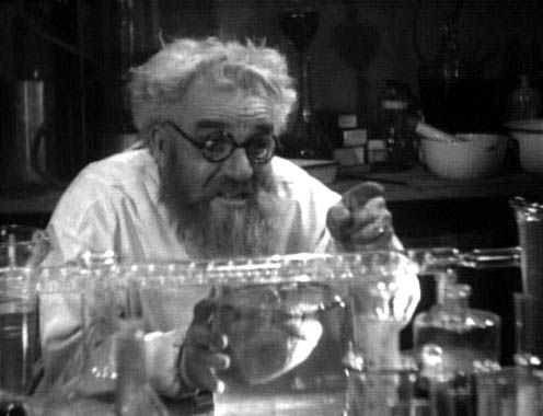 A disheveled, bearded, and bespectacled scientist wearing a white coat, with laboratory glassware in front of him. Screenshot from the public domain film Maniac (1934) showing Horace B. Carpenter as the character Dr. Meirschultz.