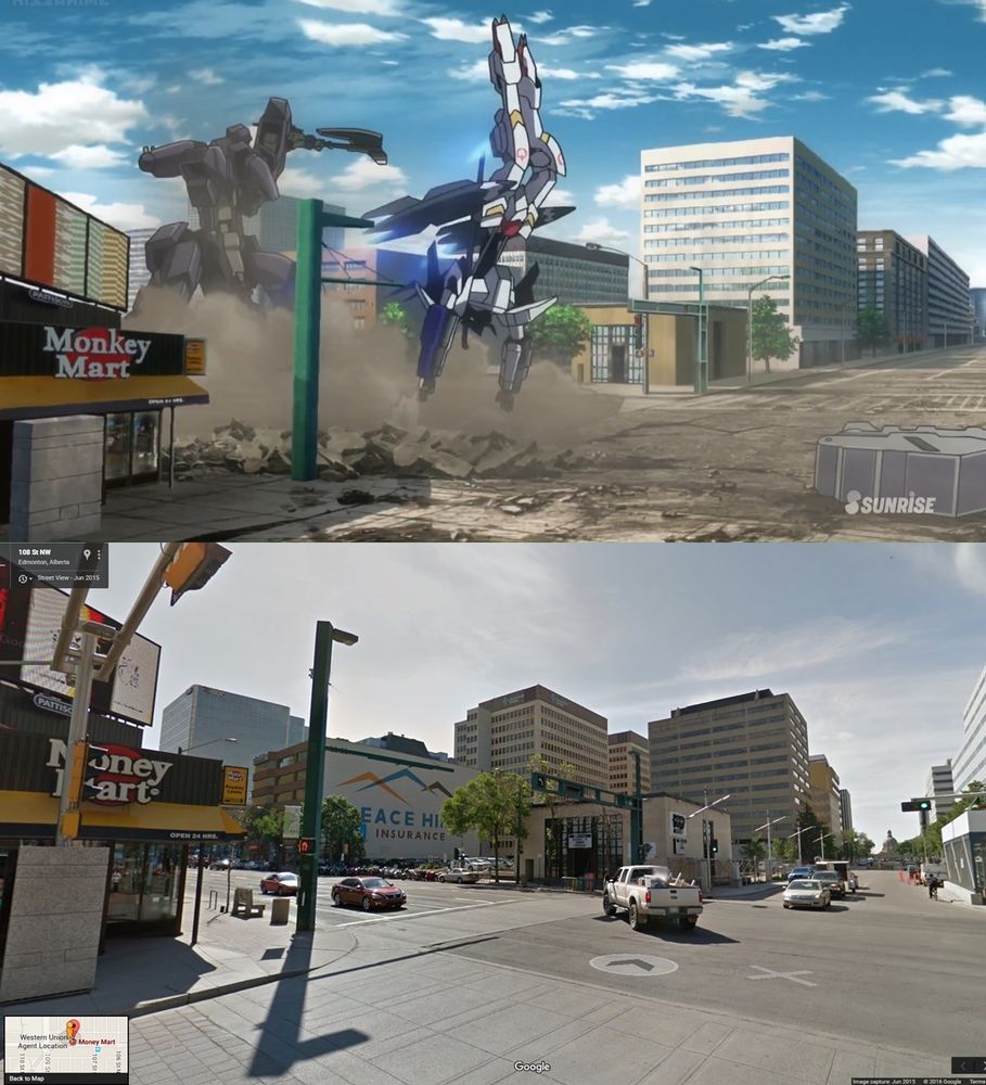 A screenshot showing Edmonton, Alberta Canada compared to its depiction in Gundam Iron-Blooded Orphans. In the anime two robots battle on an empty street in-front of a Money Mart that has been renamed Monkey Mart