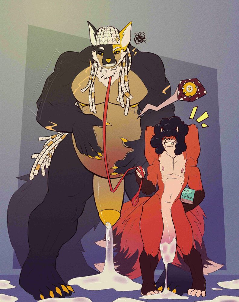 A digital drawing of two big, male anthro furries: a hung, four-armed fox smirking and smuggling at a wolf who's twice his size, carrying (and leaking) tons of the fox's seed (while also being leashed by him)
(Alt without the clothing)