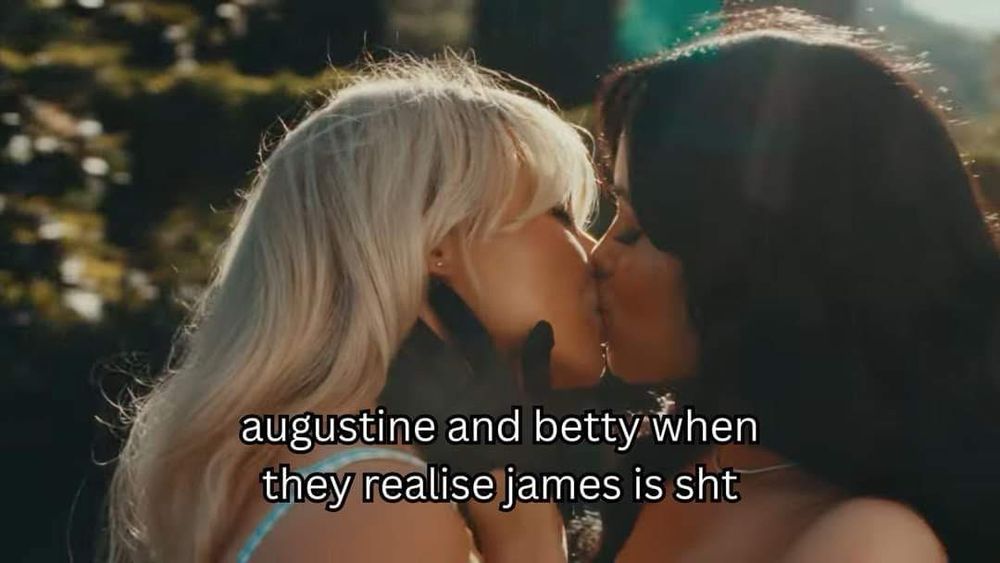 sabrina carpenter and jenna ortega kissing in the “taste” music video with the words “augustine and betty when they realize james is shit” 