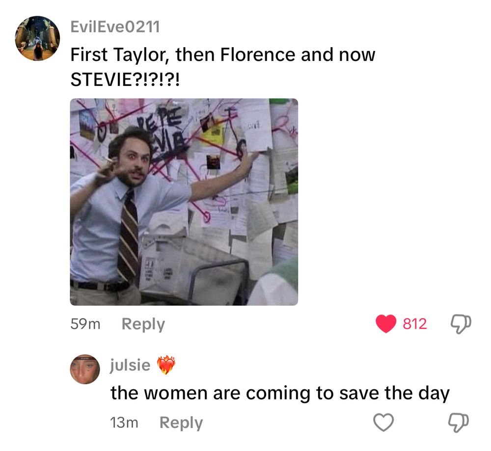 tiktok comment “first taylor, then florence and now STEVIE?!?!?” someone replied “the women are coming to save the day”