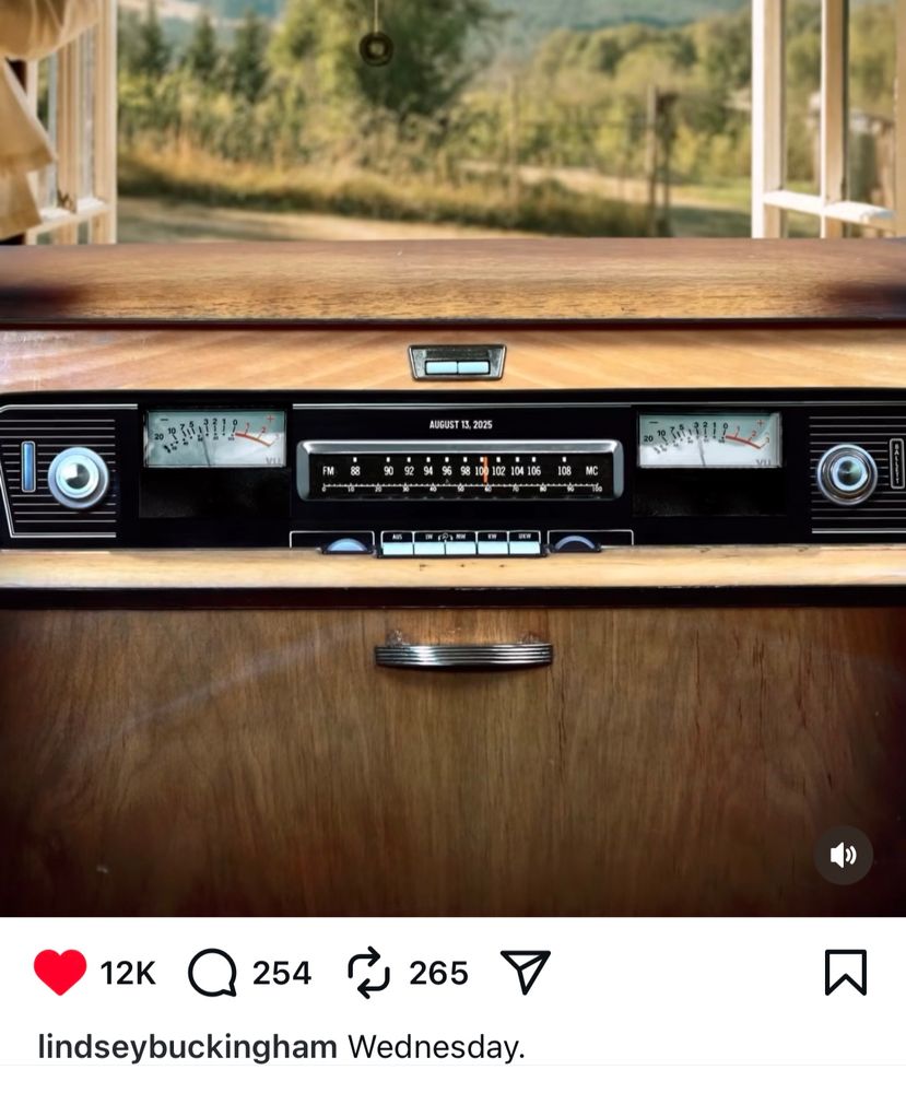 lindsey buckinham and stevie nicks instagram reel of an old car stereo with the date “august 13 2025”