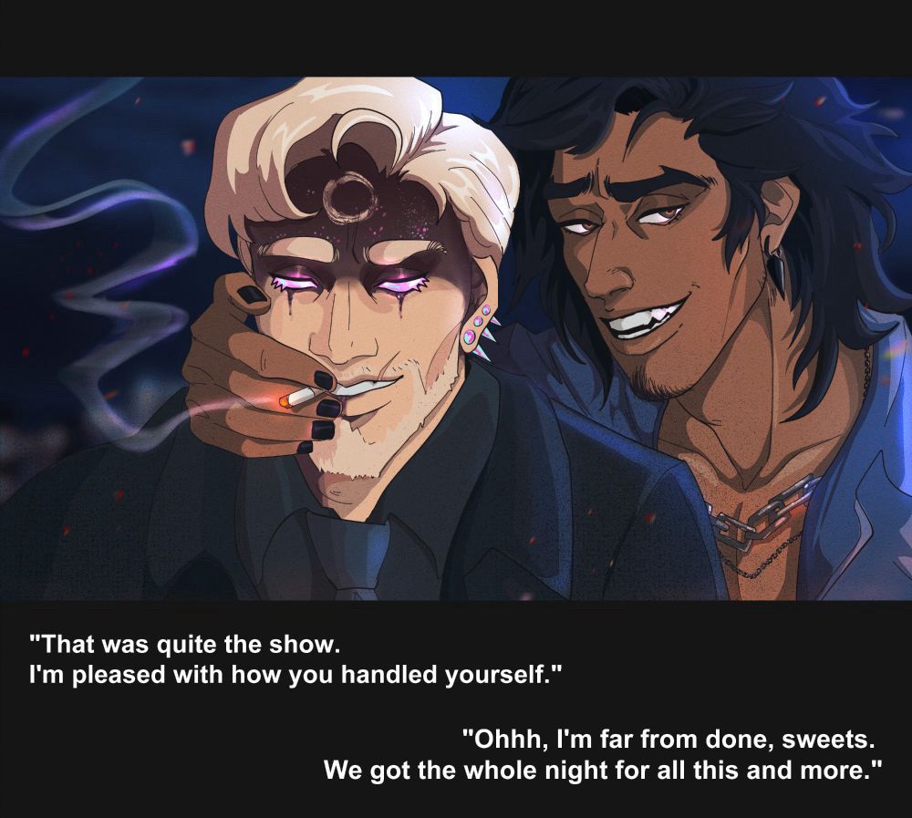 A fake screenshot art of DeVahl and Lucien where they’re sharing a smoke. 