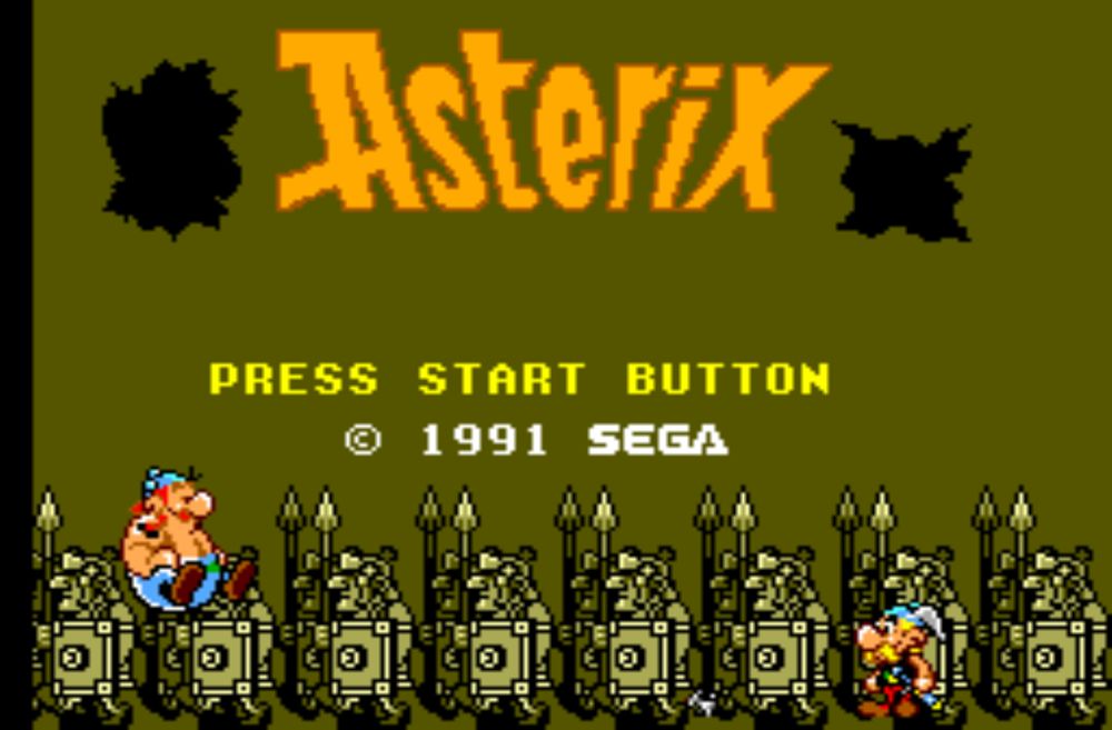 The title screen for Asterix on the the Sega Master System. Asterix and Oblex have burst forth from the drab olive background; Oblex bouncing on his butt as Asterix stands proud with tiny Dogmatix running back and forth between them. A parade of monotone Roman soldiers march right to left in the background. 

