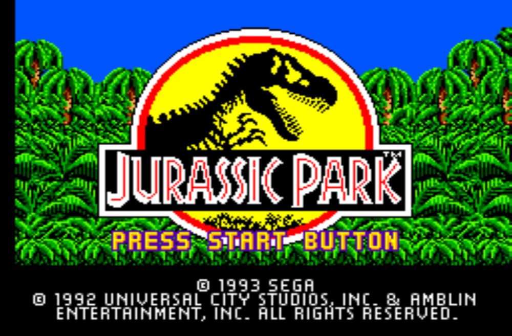 The title screen for Jurassic Park on the Sega Master System. The book's logo, a black skeletal T-Rex on a bright yellow circle, is shown over a lush green jungle.