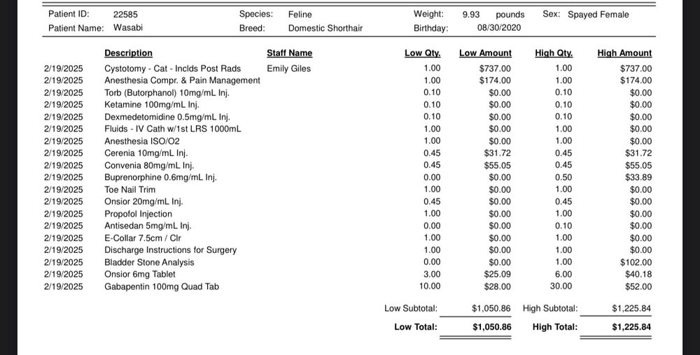 A breakout of a veterinary surgery estimate showing the different procedures and costs associated with Wasabi’s upcoming surgery. The low end estimate is $1051 and the high end is $1226.