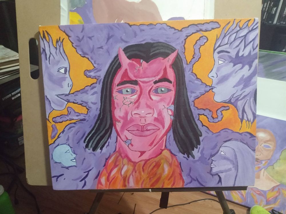 Acrylic painting on canvas of a central subject with red skin with heads around blowing smoke. Based on the sociology concept of labeling theory. 