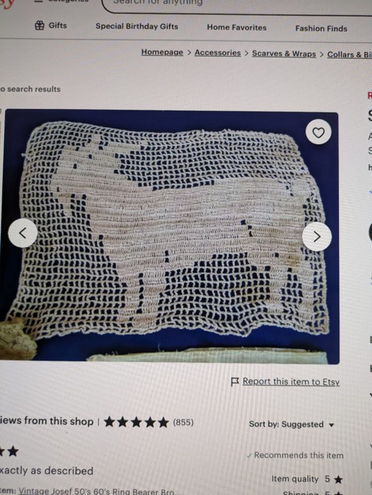 An Etsy listing of a filet crochet panel depicting a goat.