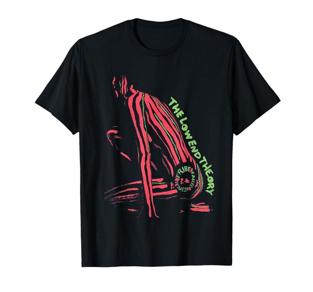 This is a black t-shirt featuring the cover art to the Tribe Called Quest album, The Low End Theory. 