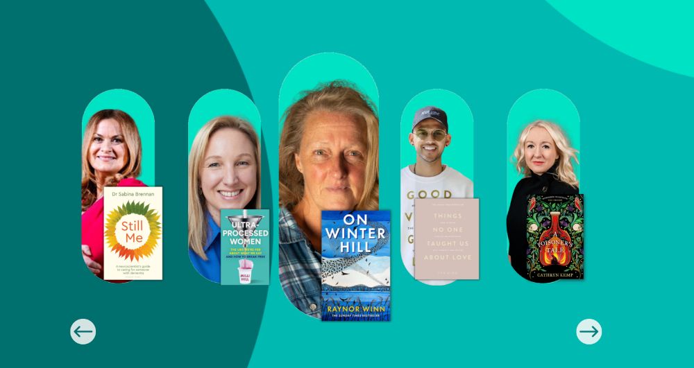 A screenshot of part of a web page which features five author photos and images of their books. The central photo is of Raynor Winn and her forthcoming book "On Winter Hill." 