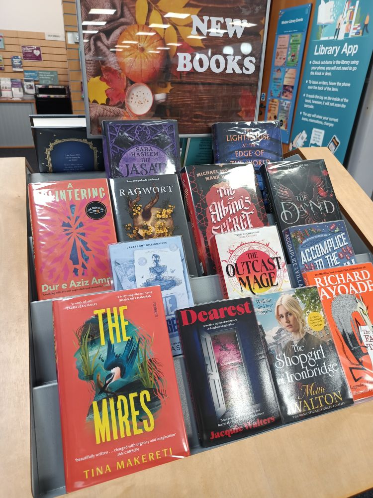 This is a photograph of a display at my local library. It's a stand that sits about waist height. It has a banner above it saying "New Books" with a Halloween-themed design. The books themselves are not a horror or Halloween selection.

In the bottom left-hand corner is a copy of Tina's novel "The Mires". There are about a dozen other books, including "The Shop Girl of Ironbridge", "The Outcast Mage", and "Ragwort". 

In the background, you can see a couple of library posters and displays. 