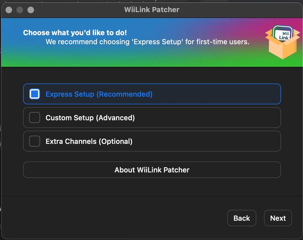 A screenshot of a WiiLink Patcher with a proper UI and images, selecting the install setup