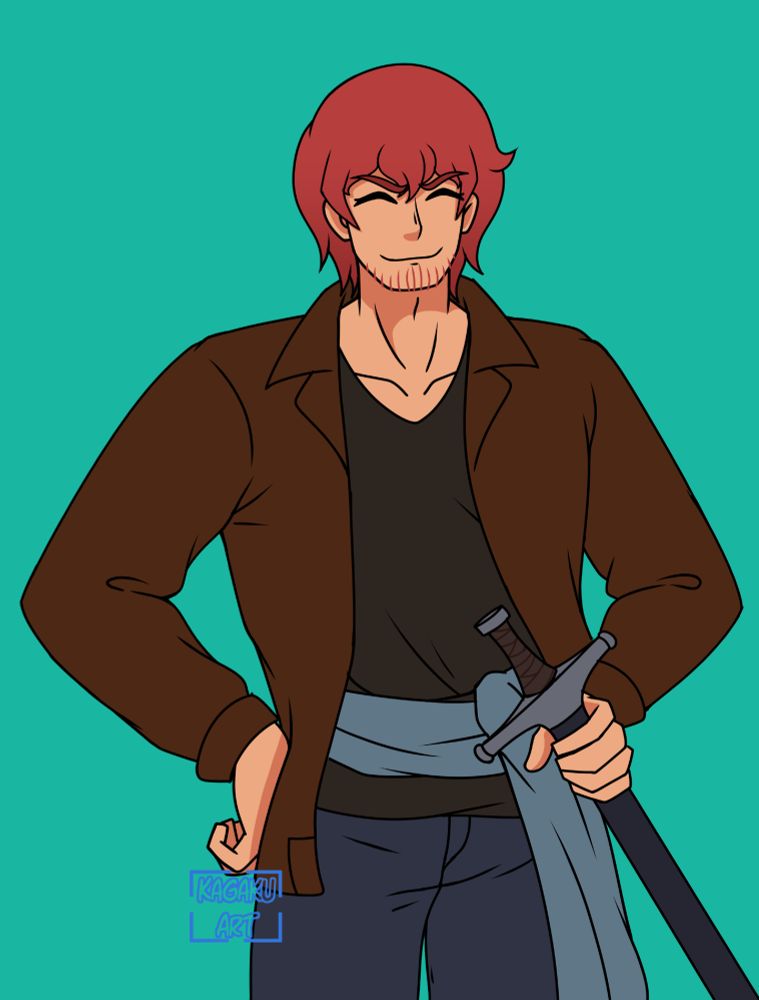 just a lil doodle of my OC Roland holding a sword by scabbard whilst other hand is restin on his hip with a smile