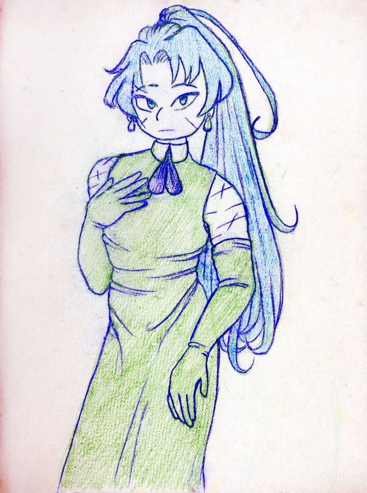 Heathcliff from Limbus Company with very long hair in a ponytail, wearing a clinging dress with the shoulders exposed, and also long length gloves that reach past the elbows. The dress has a collar and bow, and Heathcliff is also wearing tear shaped earrings. This is the same heathcliff drawing from the original post, but in the original sketch colors of blue and green. Green being the dress color, blue being the outline and hair color. 