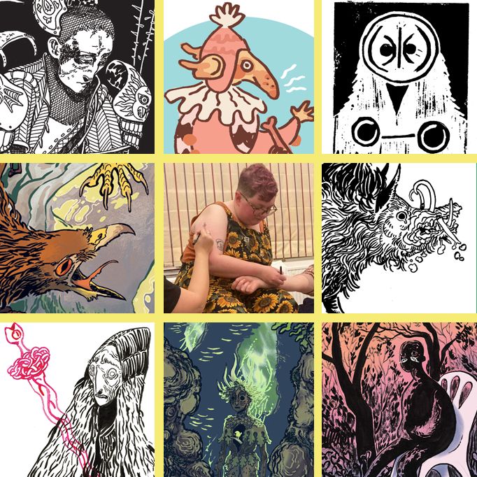 grid of 9 images, a photo of me (a fat white butch person wearing sunflower dungarees, drawing on someone's arm as another person draws on my arm) surrounded by images from artworks i have done this year.