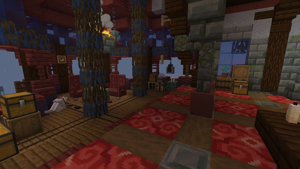 The interior of the building, just as you would walk in the front door. The floor is mostly made of brown spruce wood and red glazed terracotta blocks in a sort of clover pattern. On the left side, the floor becomes populated by many barrels, to become a subtle storage system. The room is red, blue, brown, and grey, with some waterlogged mangrove roots.