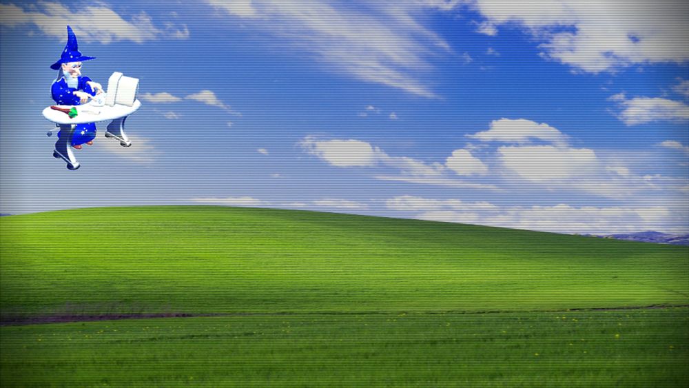 The original "Bliss" microsoft background, a rolling bright green hill and blue sky. This one has a CRT filter over it, and has a 3D wizard in the upper left corner as if it were a desktop pet.