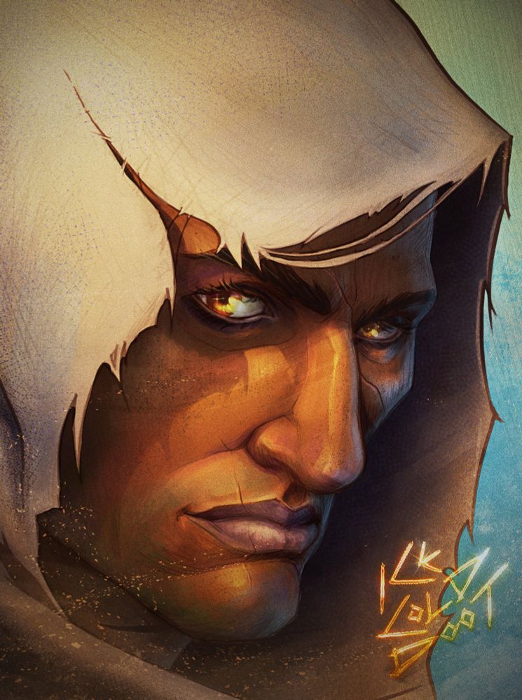 Portrait of Bayek with the light coming through the tear in his hood to highlight his eyes while desert sands blow at the bottom of the portrait