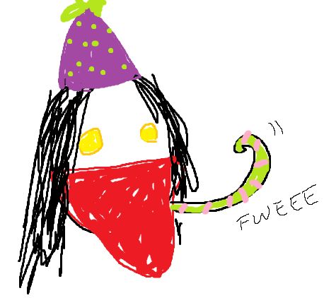 A crude MS Paint art of a forsaken rogue with a red mask wearing a colorful party hat and blowing a novelty whistle