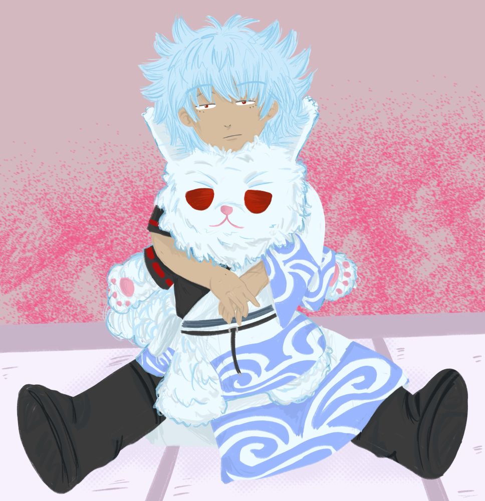 Gintama fanart. Digital drawing of a content Gintoki siting on the floor, hugging a giant, very fluffy cat plushy of himself.