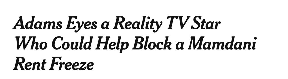 NY Times headline reading "Adam eyes a reality TV star who could help block a Mamdani rent freeze."
