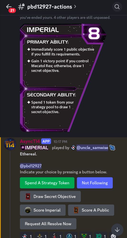 Main Action Thread for TI4 asynch with game compenets fully rendered and push-button player action and response 
