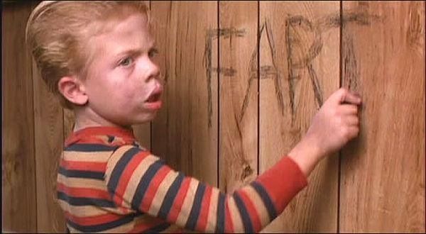 Scene from Raising Arizona where idiot kid shows off his spelling ability 