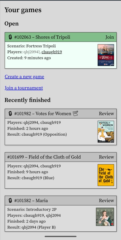 Screenshot from Rally the Troops digital boardgame with Maria, Votes for Women, The Field of the Cloth of Gold and Shores of Tripoli shown